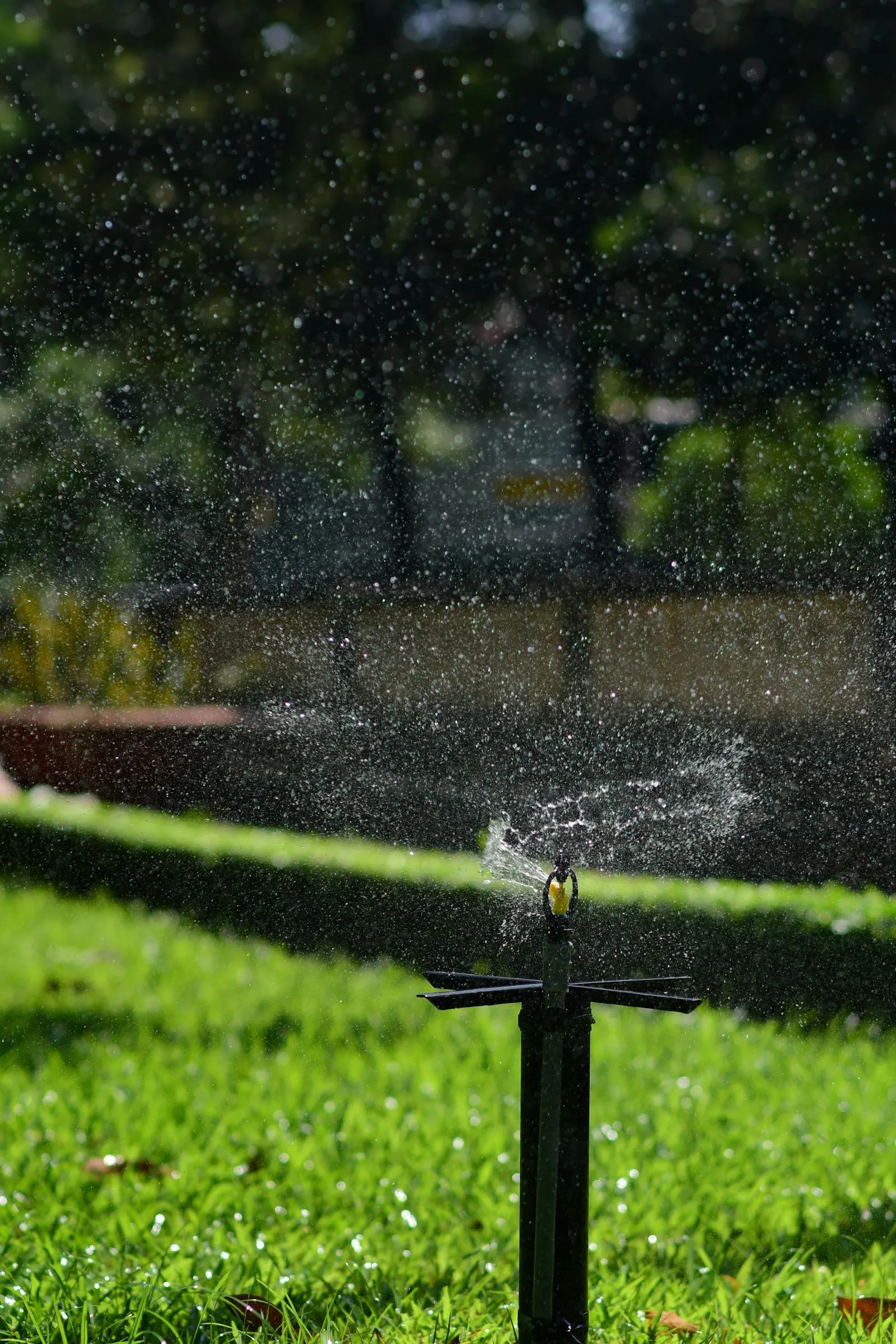Garden sprinkler spraying an arc of water over a lawn